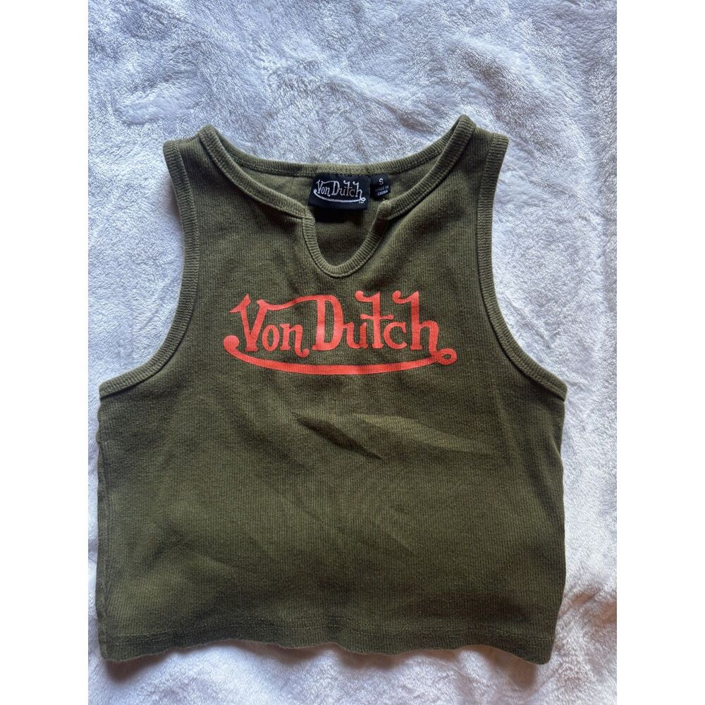 Von Dutch Womens S Olive Green Tank Top Red Logo Baby Tee Y2K Ribbed Cotton